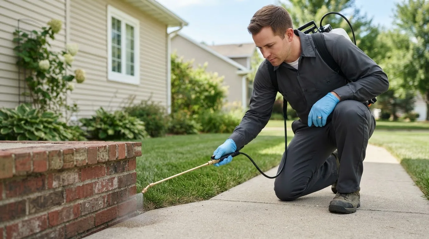 Pest control technician treating a home near Admire, KS